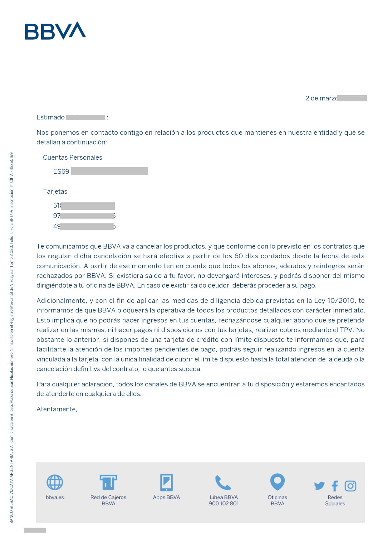 BBVA notice about account cancellation and account restrictions under Law 10/2010
