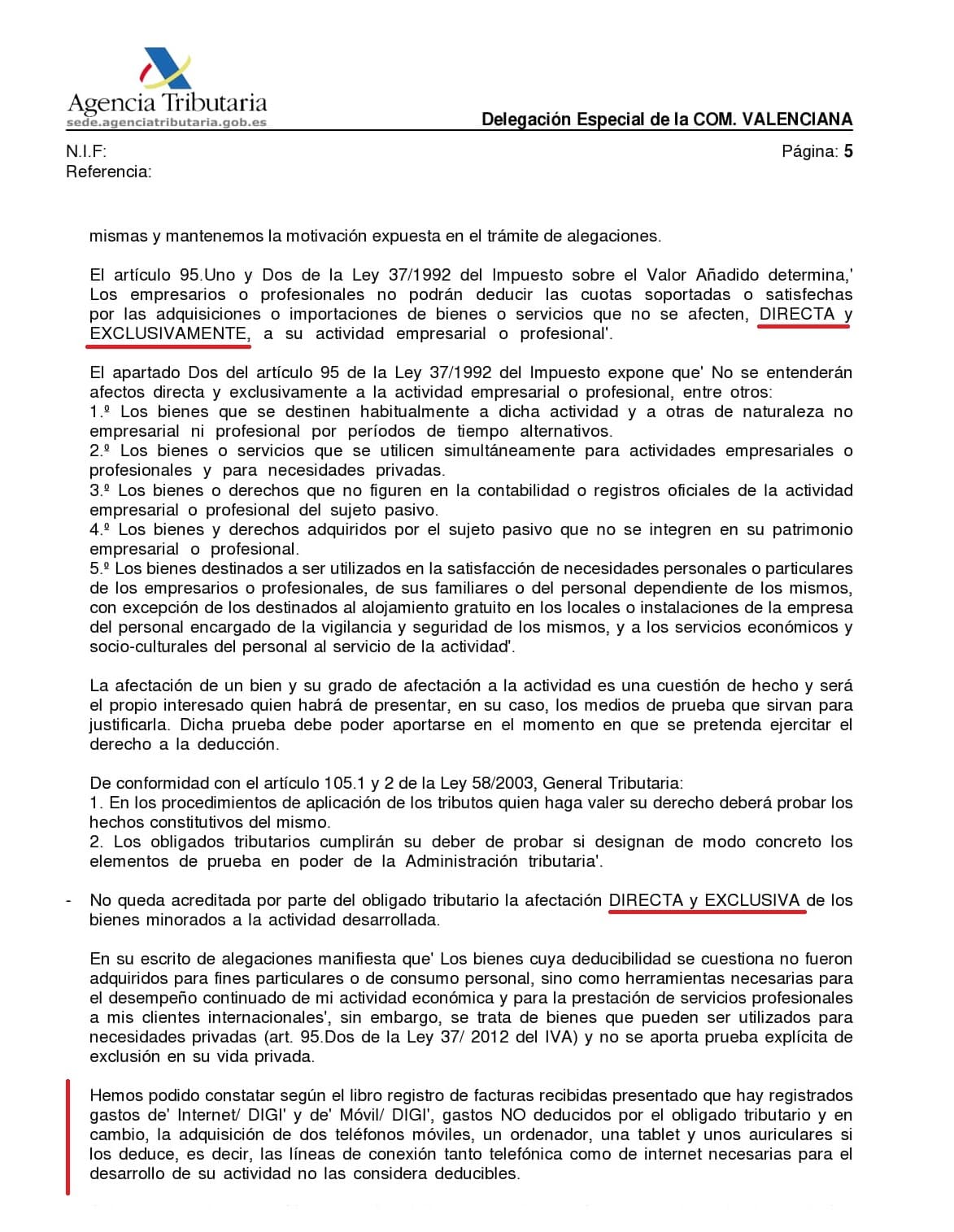 Resolución de Hacienda rechazando la deducción de un portátil y teléfonos para un autónomo
