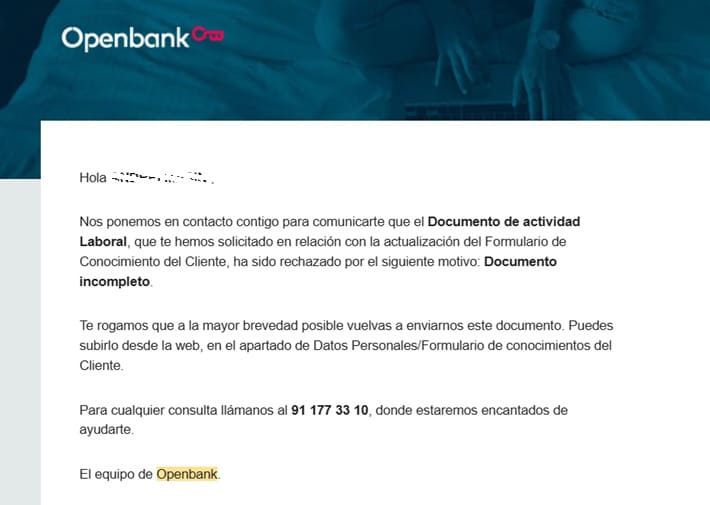 Openbank requesting an updated employment activity document during a KYC review